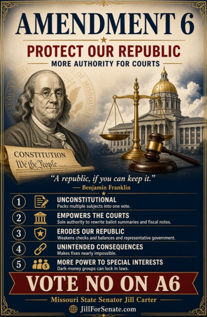 Flyer: Amendment 6 &mdash; Protect Our Republic. Five reasons to vote no, ending with Vote No on A6, Missouri State Senator Jill Carter, JillForSenate.com.